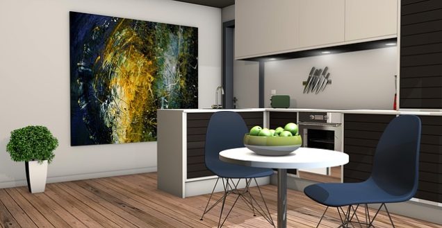 Apartments in The Heights Houston A 3D rendering of a kitchen with a painting on the wall in a Two Bedroom apartment.