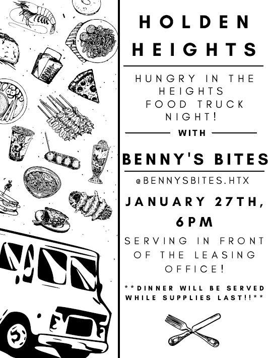 Apartments in The Heights Houston A flyer for Benny's Bites food truck serving hungry patrons in the Heights.